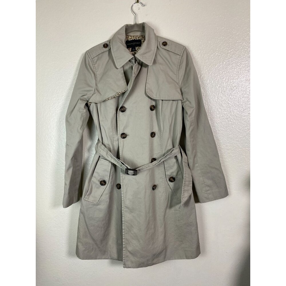 Banana Republic Double Breasted Trench Coat Size Small Beige Leopard Print lined